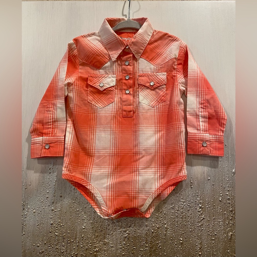 Wrangler Peachy Pink Plaid Baby Bodysuit With Functional White Buttons - 12 M